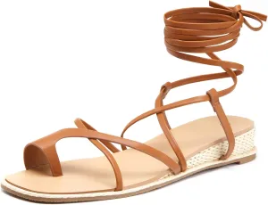Coutgo Womens Lace Up Gladiator Sandals Strappy Flat Dressy Low Heel Wedges Thong Summer Beach Shoes