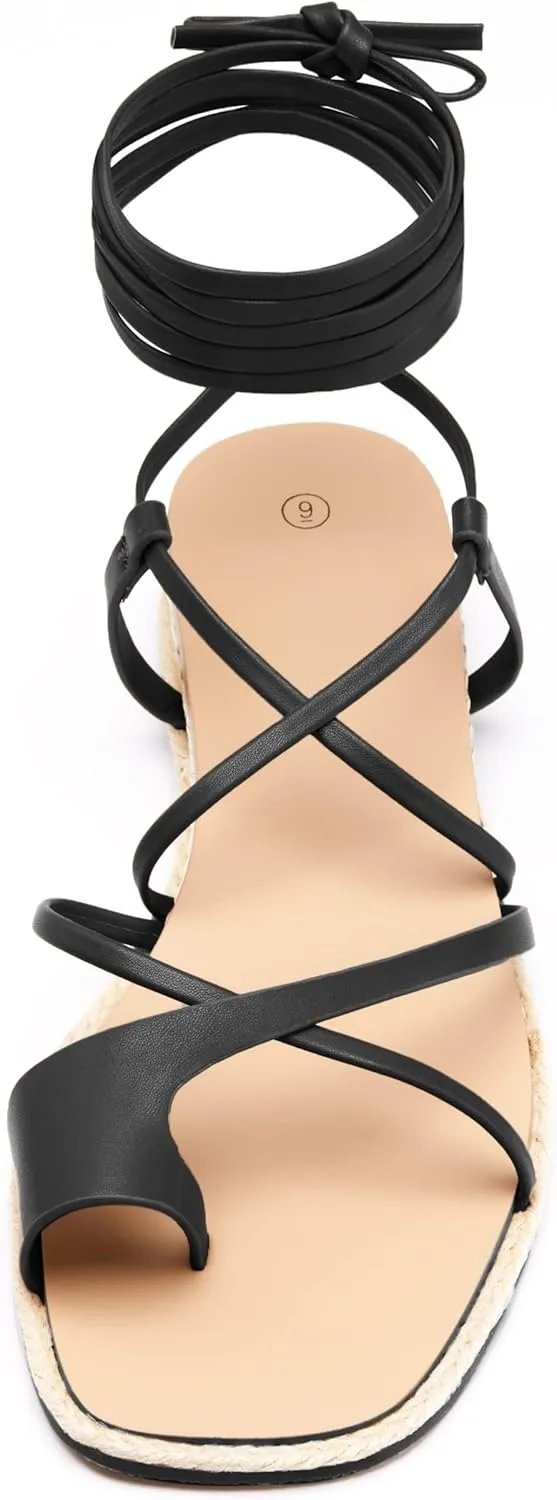 Coutgo Womens Lace Up Gladiator Sandals Strappy Flat Dressy Low Heel Wedges Thong Summer Beach Shoes