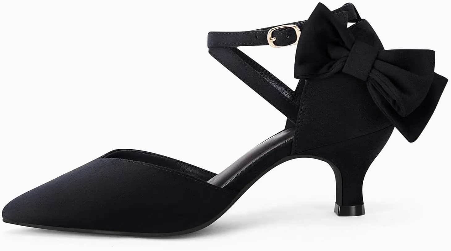 Coutgo Womens Low Kitten Heel Bow Heels Dress Shoes Closed Pointed Toe Ankle Strap Elegant Wedding Party Pumps