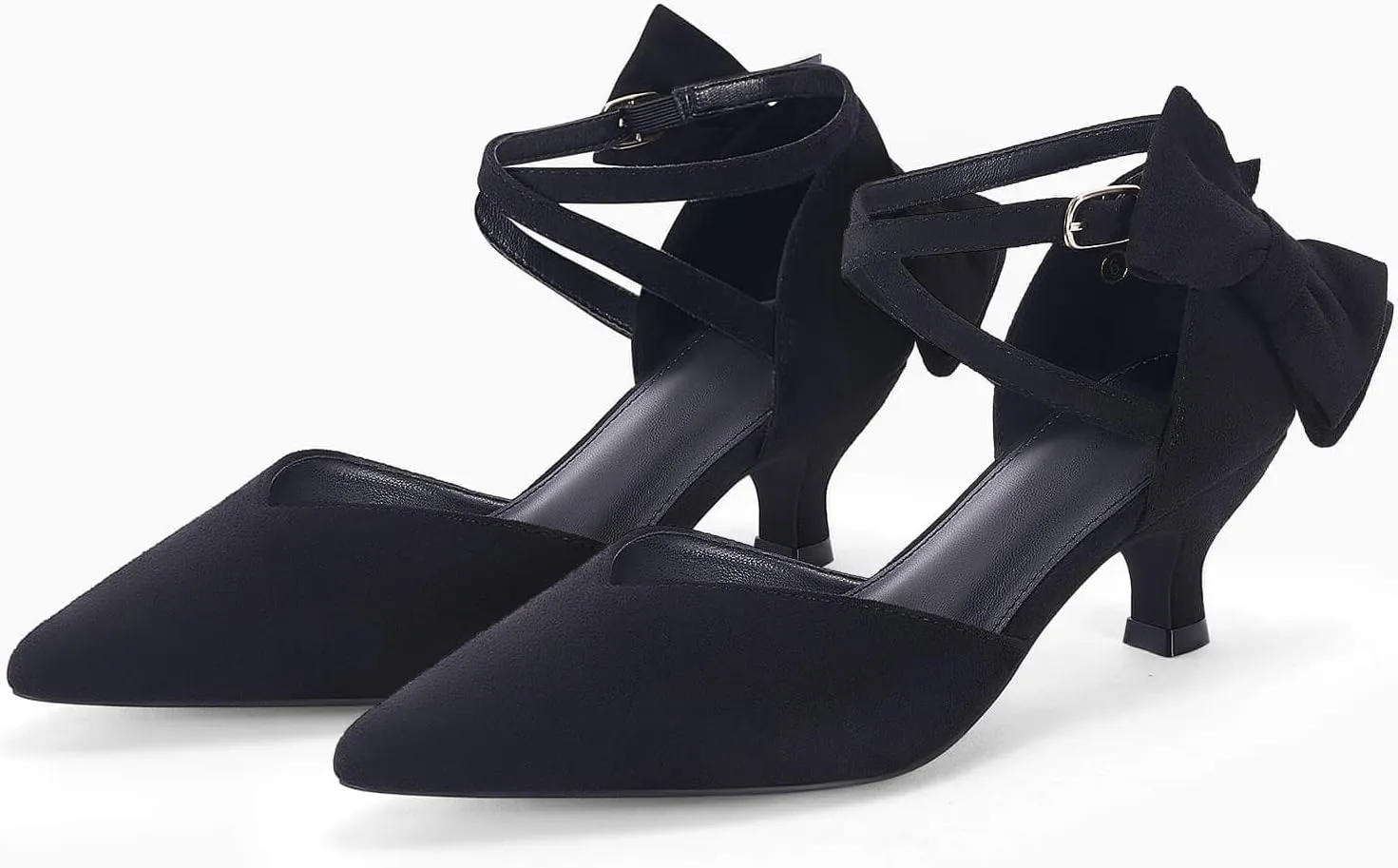 Coutgo Womens Low Kitten Heel Bow Heels Dress Shoes Closed Pointed Toe Ankle Strap Elegant Wedding Party Pumps