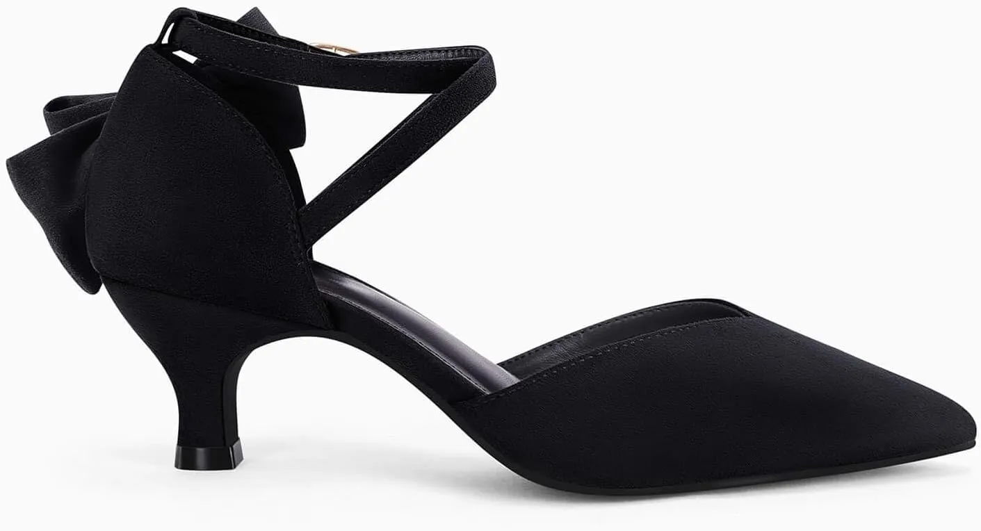 Coutgo Womens Low Kitten Heel Bow Heels Dress Shoes Closed Pointed Toe Ankle Strap Elegant Wedding Party Pumps