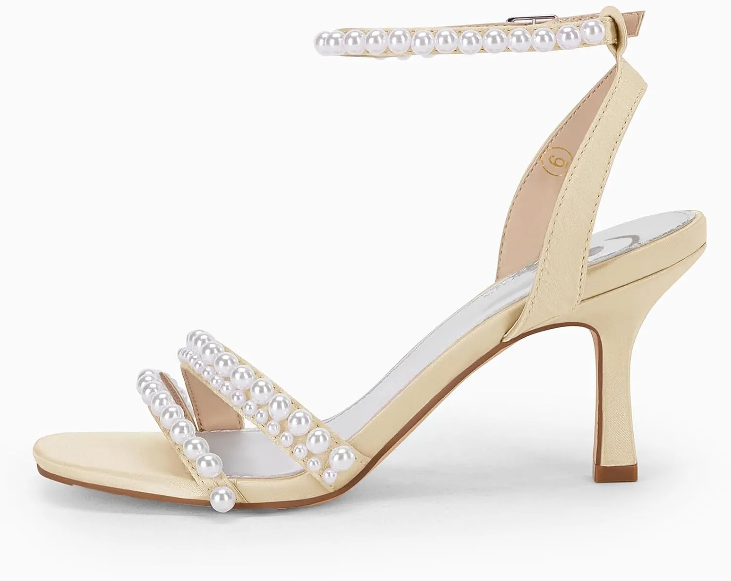 Coutgo Womens Pearl Kitten Heels Sandals Square Open Toe Dress Sandals Ankle Strap Satin Wedding Party Summer Sandals