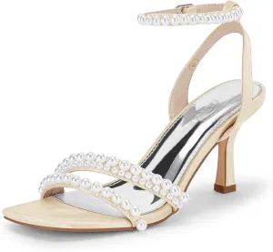 Coutgo Womens Pearl Kitten Heels Sandals Square Open Toe Dress Sandals Ankle Strap Satin Wedding Party Summer Sandals