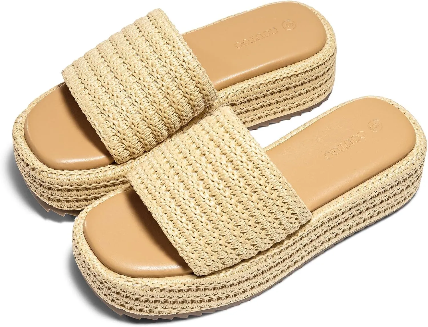 Coutgo Womens Platform Sandals Raffia Espadrilles Slip on Open Toe Cute Boho Summer Beach Slide Sandals