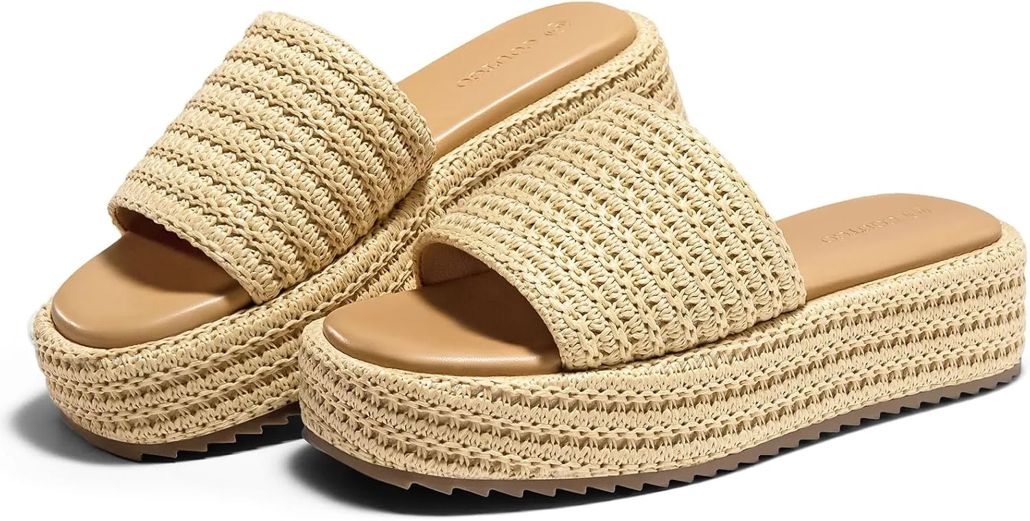 Coutgo Womens Platform Sandals Raffia Espadrilles Slip on Open Toe Cute Boho Summer Beach Slide Sandals