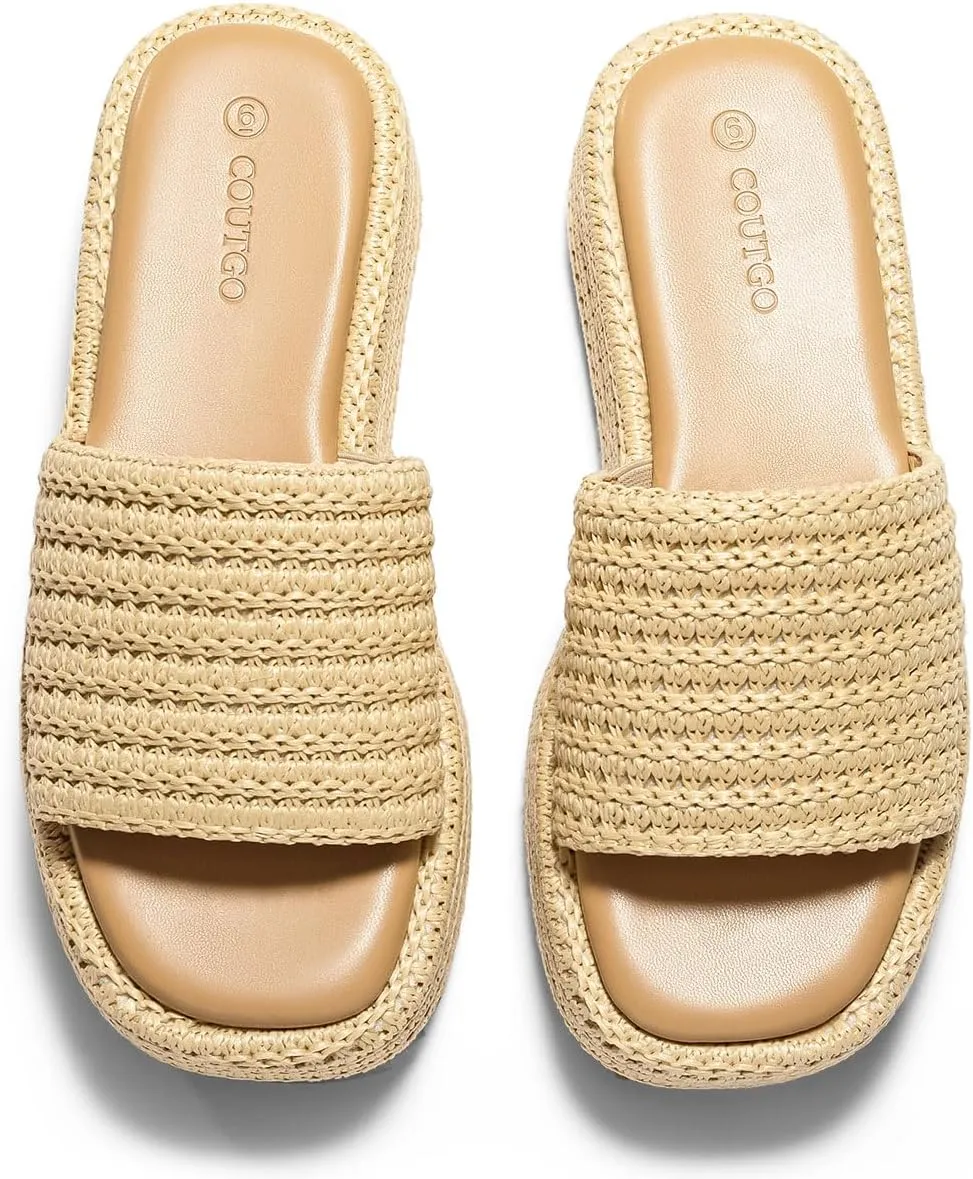 Coutgo Womens Platform Sandals Raffia Espadrilles Slip on Open Toe Cute Boho Summer Beach Slide Sandals