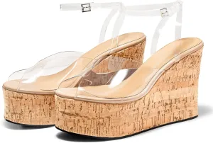 Coutgo Womens Platform Wedge Sandals Cork Dressy Peep Toe Ankle Buckle Strap High Heels Summer Shoes
