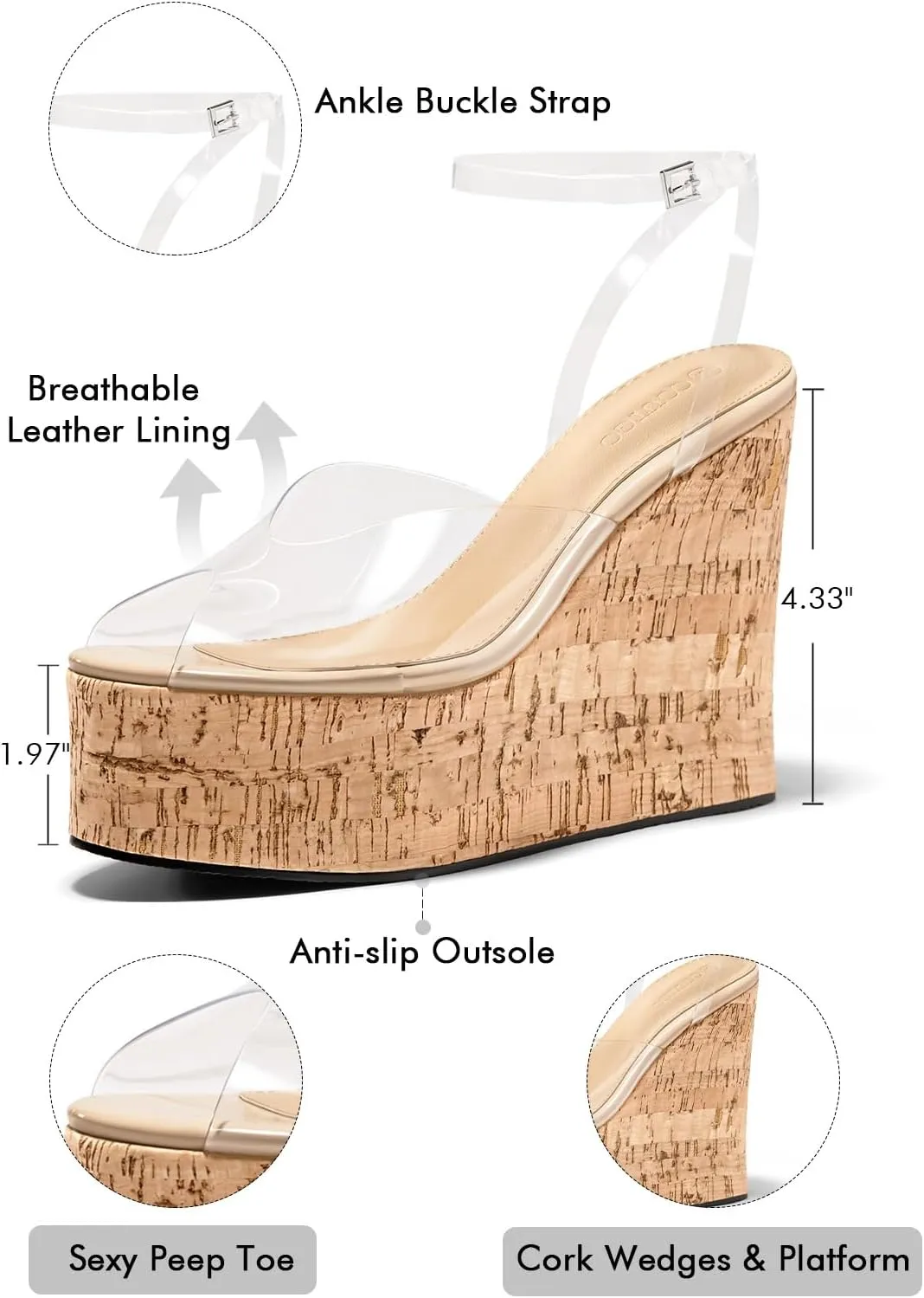 Coutgo Womens Platform Wedge Sandals Cork Dressy Peep Toe Ankle Buckle Strap High Heels Summer Shoes