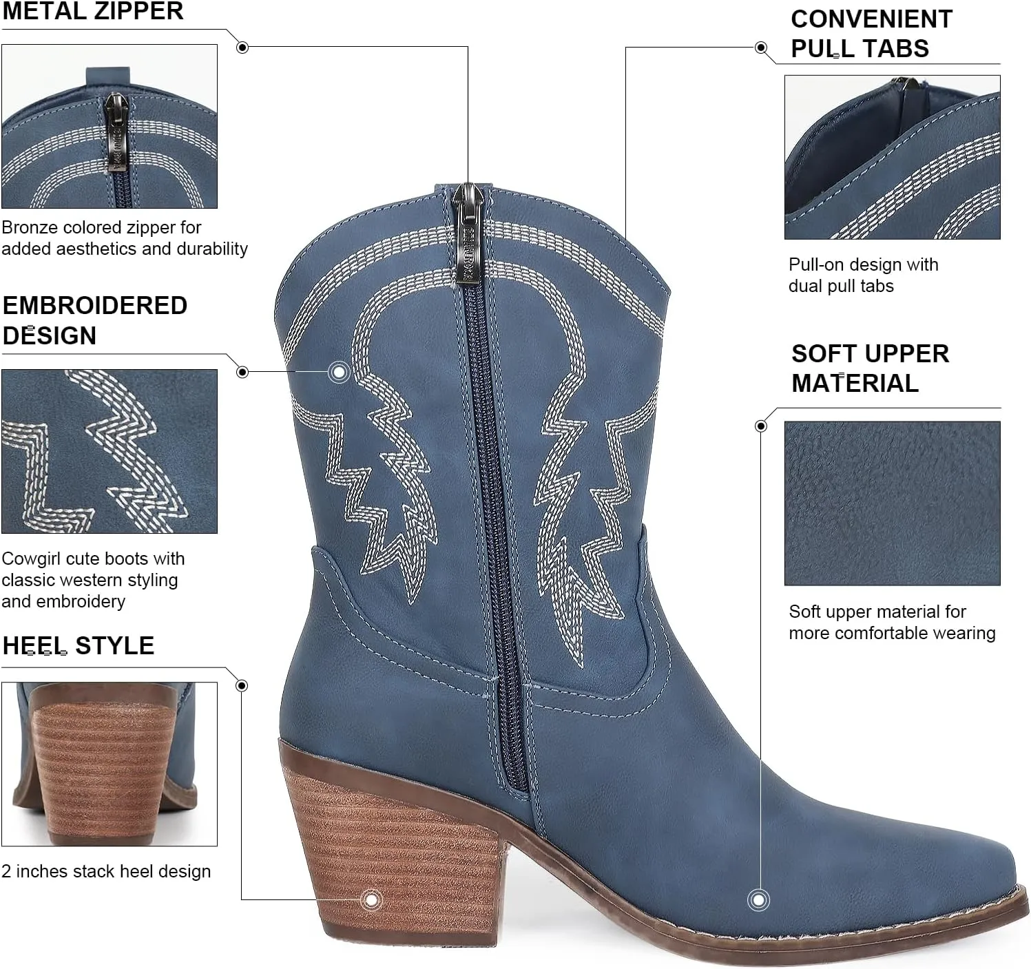 Cowboy Boot for Women,Western Embroidered Cowgirl Booties with Pointed Toe Side Chunky Heel Zipper Women Ankle Booties