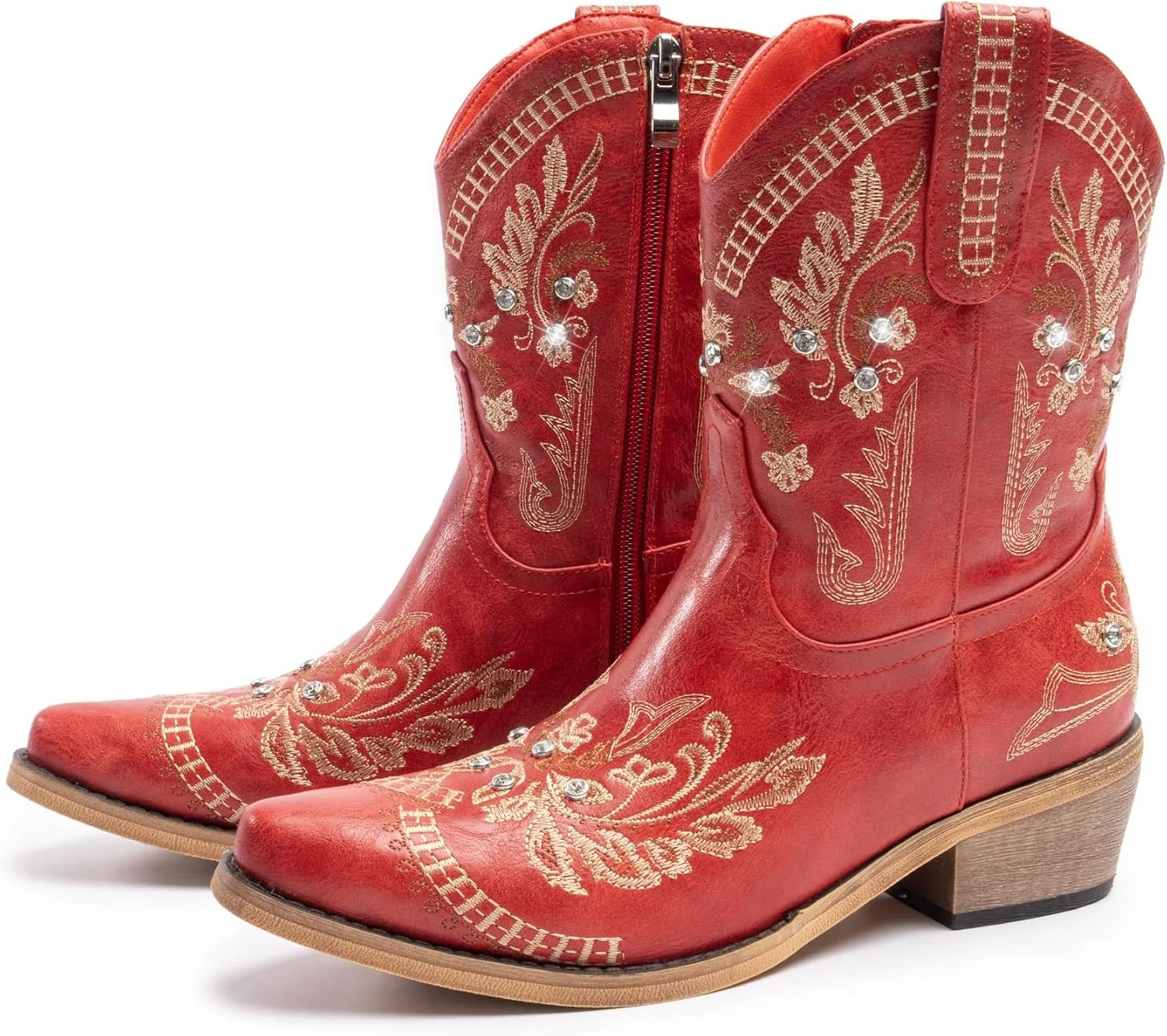 Cowboy Boots for Women, Cowgirl Boots with Sparkly Embroidered Rhinestones, Short Western Ankle Boots for Women with Side Zipper Pull On