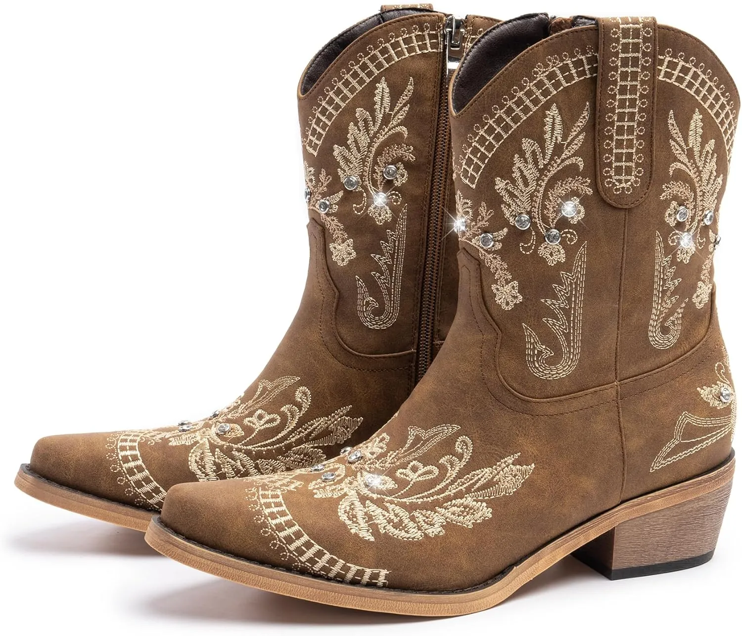 Cowboy Boots for Women, Cowgirl Boots with Sparkly Embroidered Rhinestones, Short Western Ankle Boots for Women with Side Zipper Pull On