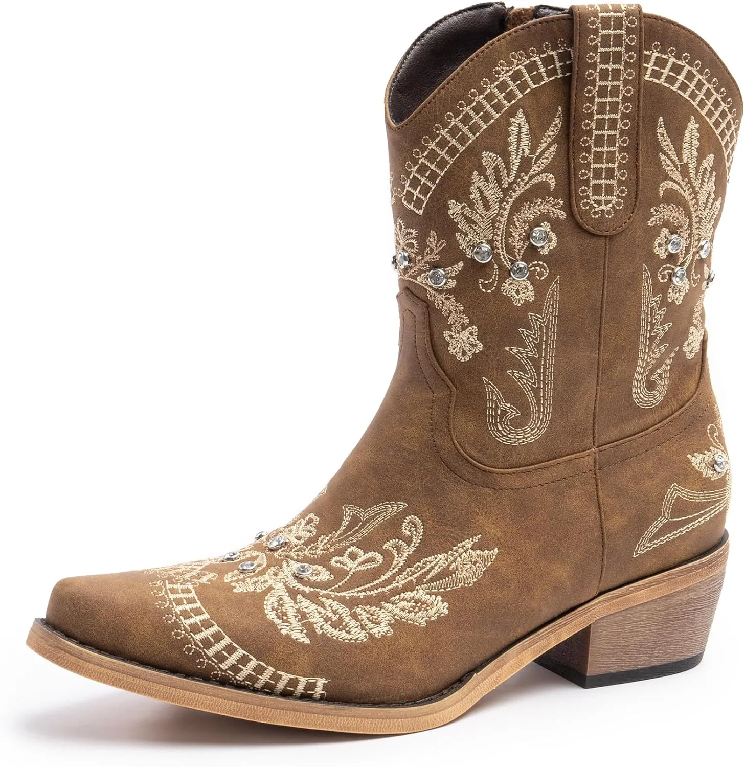 Cowboy Boots for Women, Cowgirl Boots with Sparkly Embroidered Rhinestones, Short Western Ankle Boots for Women with Side Zipper Pull On