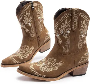 Cowboy Boots for Women, Cowgirl Boots with Sparkly Embroidered Rhinestones, Short Western Ankle Boots for Women with Side Zipper Pull On