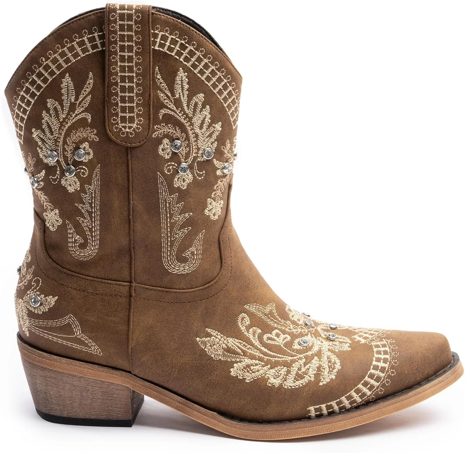 Cowboy Boots for Women, Cowgirl Boots with Sparkly Embroidered Rhinestones, Short Western Ankle Boots for Women with Side Zipper Pull On