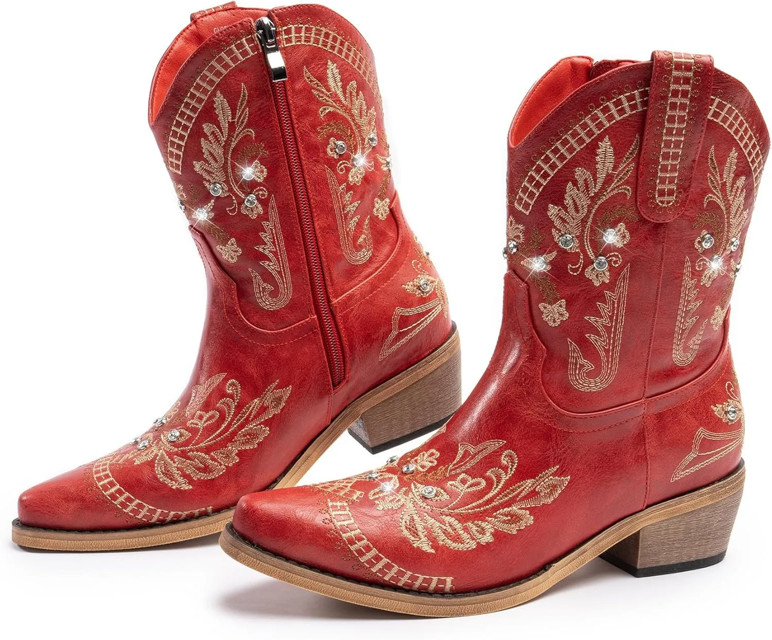 Cowboy Boots for Women, Cowgirl Boots with Sparkly Embroidered Rhinestones, Short Western Ankle Boots for Women with Side Zipper Pull On