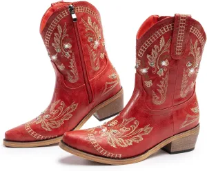Cowboy Boots for Women, Cowgirl Boots with Sparkly Embroidered Rhinestones, Short Western Ankle Boots for Women with Side Zipper Pull On