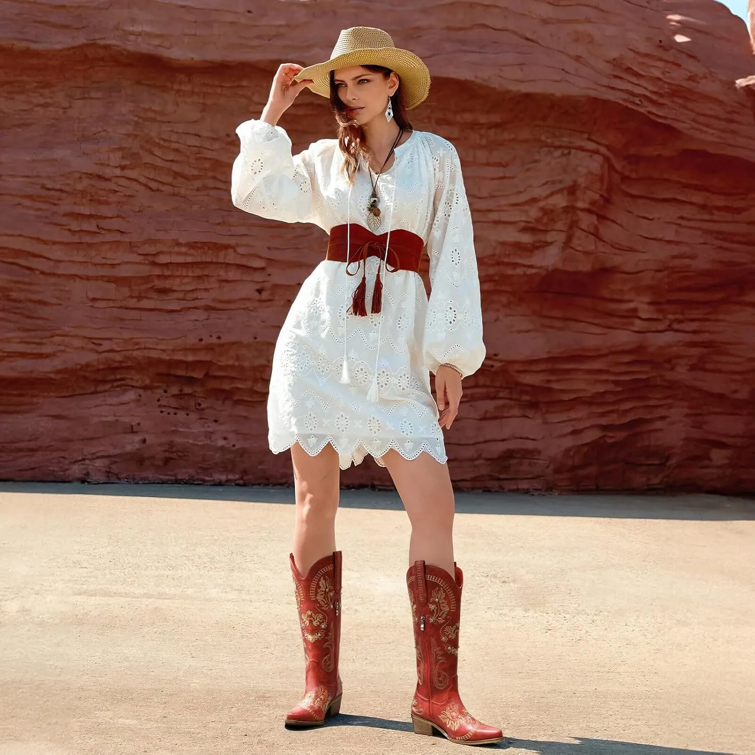 Cowboy Boots for Women - Wide Calf Knee High Cowgirl Boots, Glitter Sparkly Rhinestone Western Country Boots with Classic Embroidery, Pointed Toe Pull On Zipper Retro Boots
