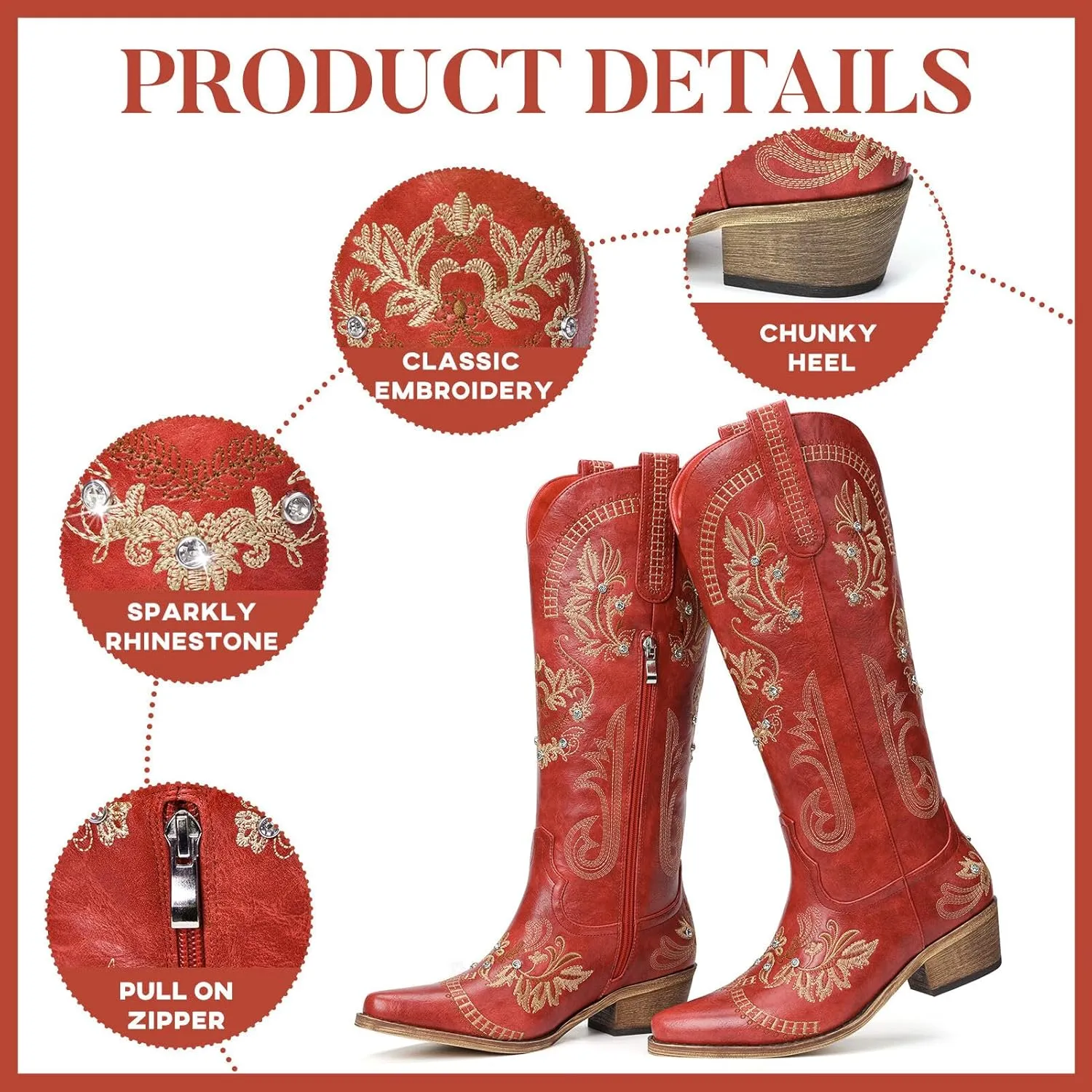 Cowboy Boots for Women - Wide Calf Knee High Cowgirl Boots, Glitter Sparkly Rhinestone Western Country Boots with Classic Embroidery, Pointed Toe Pull On Zipper Retro Boots