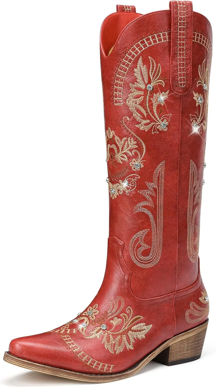 Cowboy Boots for Women - Wide Calf Knee High Cowgirl Boots, Glitter Sparkly Rhinestone Western Country Boots with Classic Embroidery, Pointed Toe Pull On Zipper Retro Boots