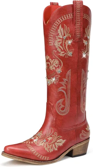 Cowboy Boots for Women - Wide Calf Knee High Cowgirl Boots, Glitter Sparkly Rhinestone Western Country Boots with Classic Embroidery, Pointed Toe Pull On Zipper Retro Boots