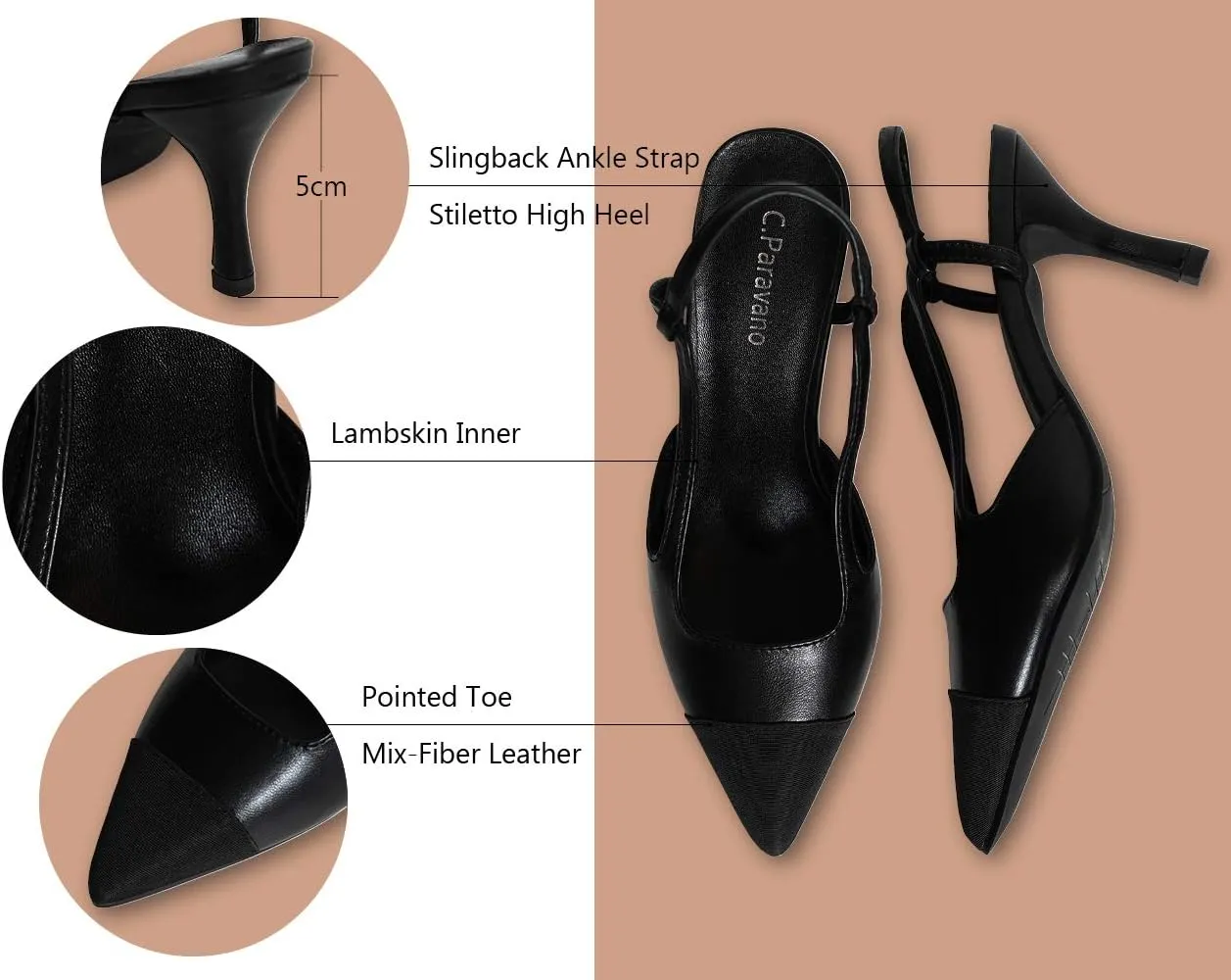 C.Paravano Women's Pointed Toe Slingback Flats | Comfort Heeled Sandals | Slip-On Flats | Perfect for Casual, Business, Party, Date