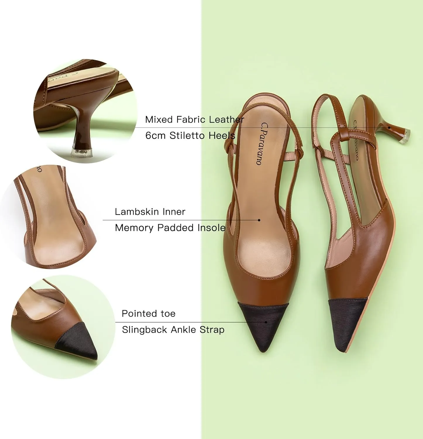 C.Paravano Women's Pointed Toe Slingback Flats | Comfort Heeled Sandals | Slip-On Flats | Perfect for Casual, Business, Party, Date