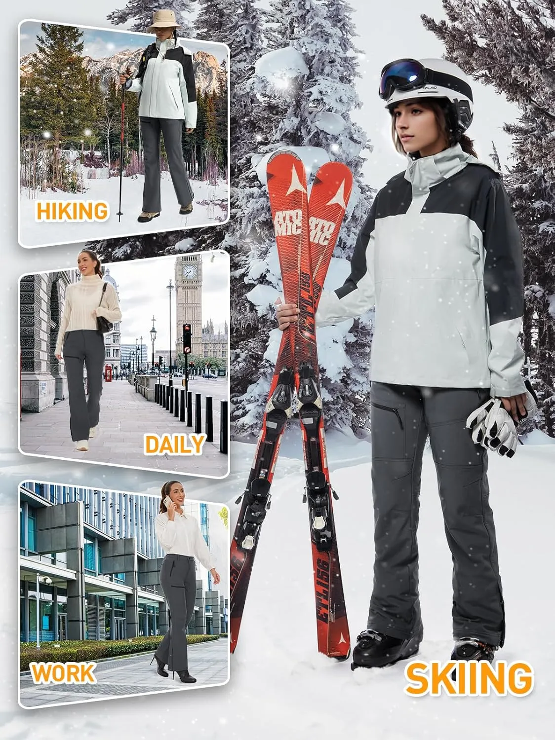 Cycorld Women's Snow Ski Pants Fleece Lined Waterproof Softshell Insulated Flare for Snowboarding Hiking Winter Outdoor