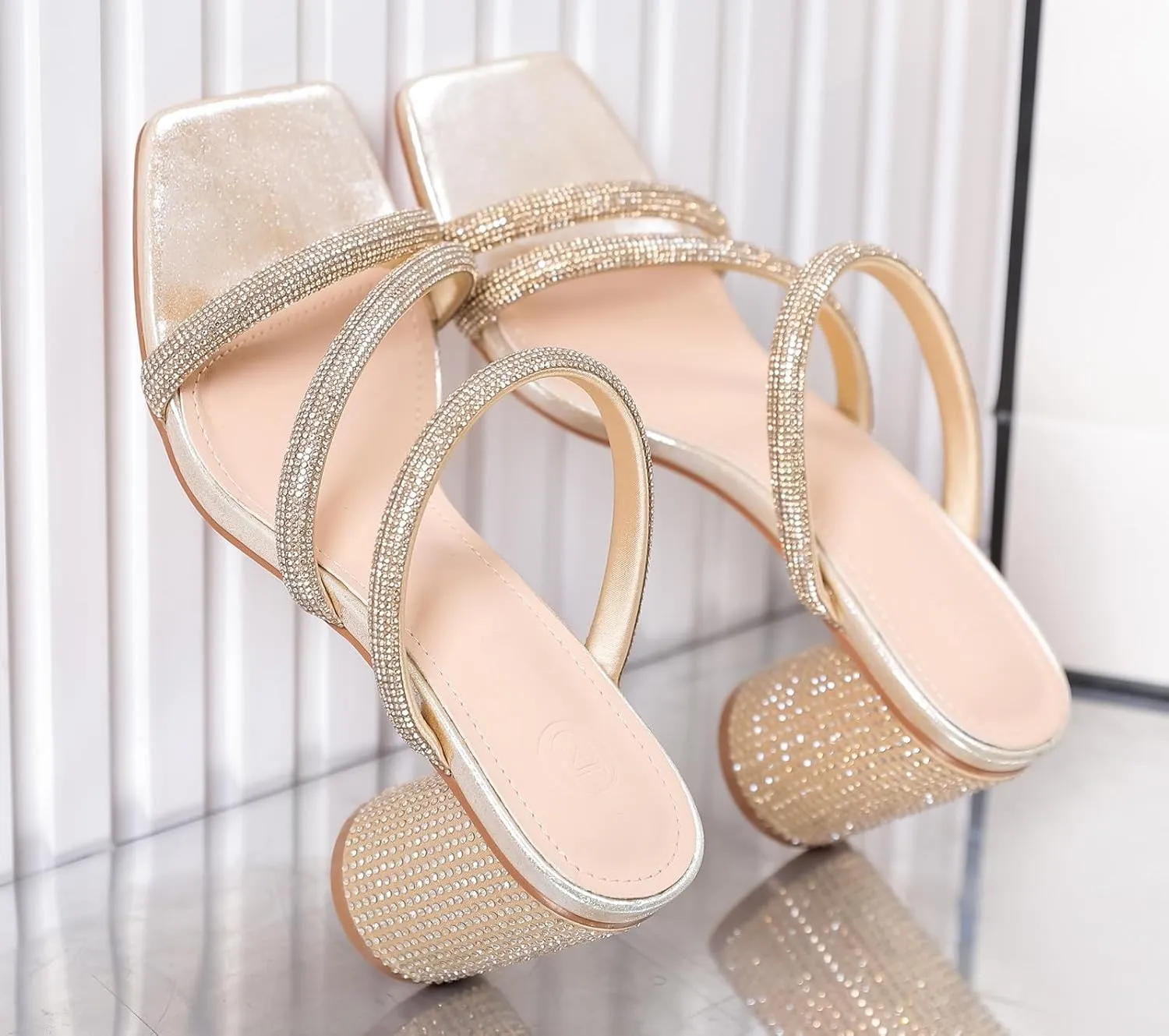 DADAWEN Women's Rhinestone Heeled Sandals Square Toe Strappy Chunky Block Heels for Women Comfortable Wedding Party Dress Pumps Shoes