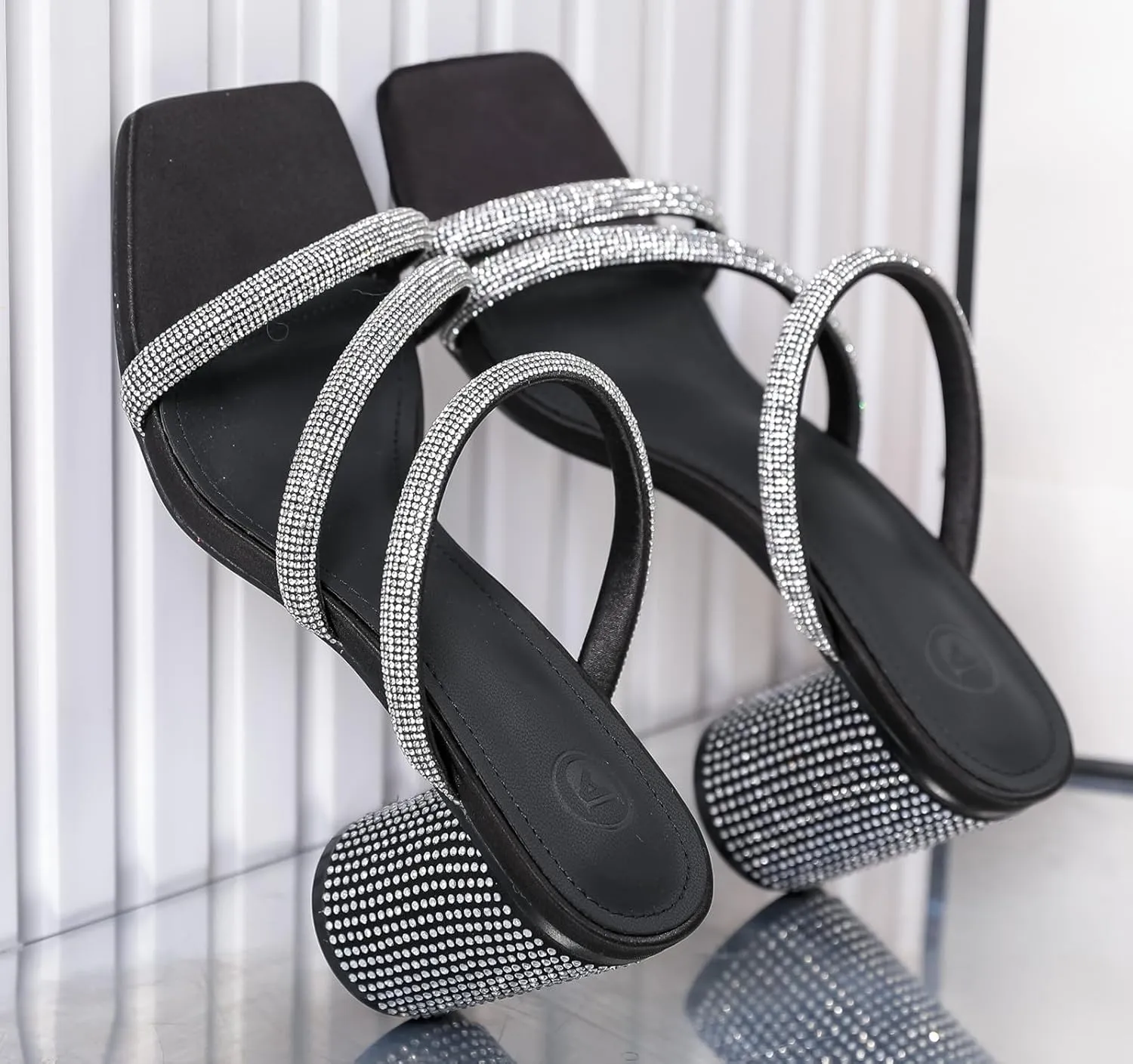 DADAWEN Women's Rhinestone Heeled Sandals Square Toe Strappy Chunky Block Heels for Women Comfortable Wedding Party Dress Pumps Shoes