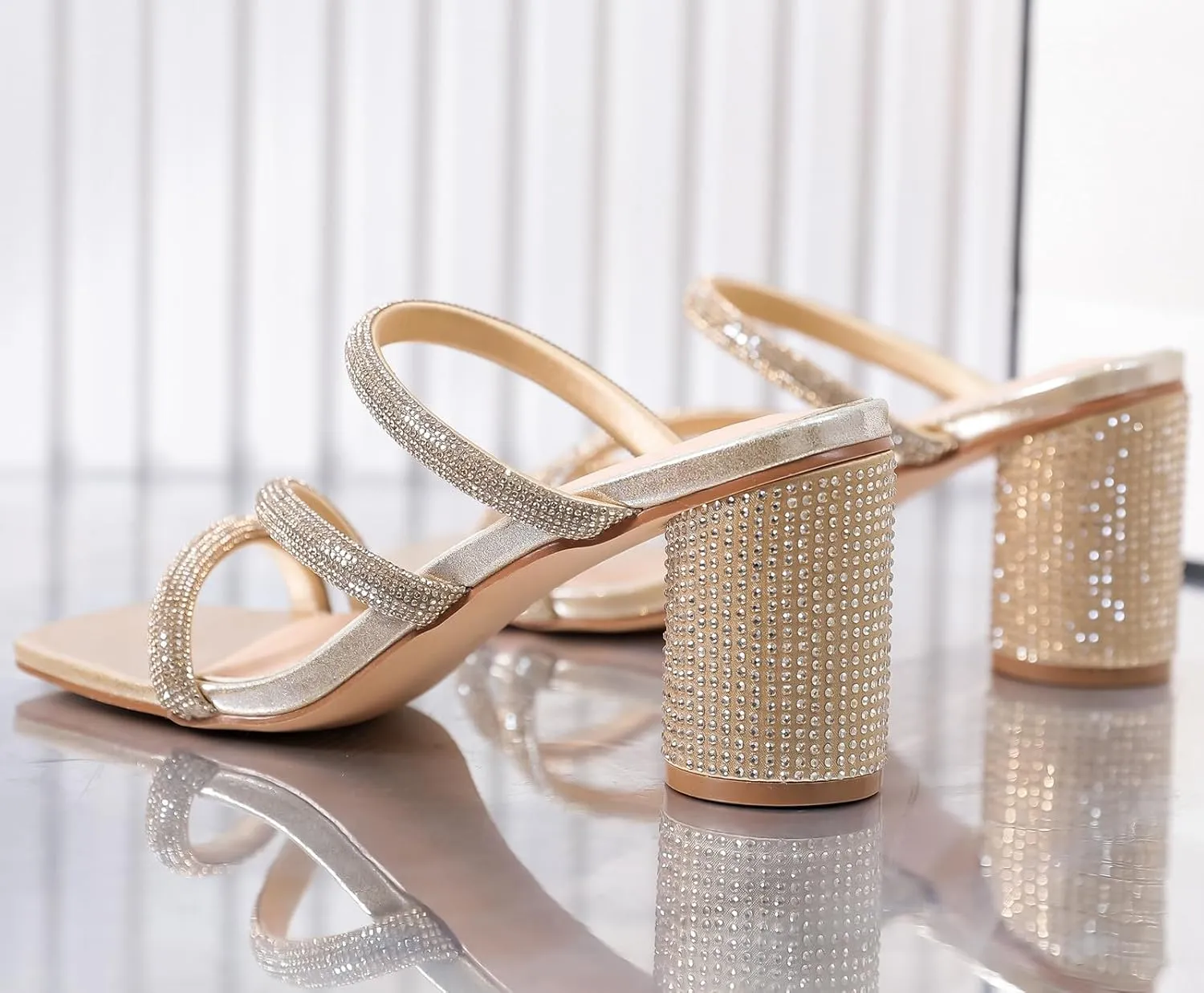 DADAWEN Women's Rhinestone Heeled Sandals Square Toe Strappy Chunky Block Heels for Women Comfortable Wedding Party Dress Pumps Shoes