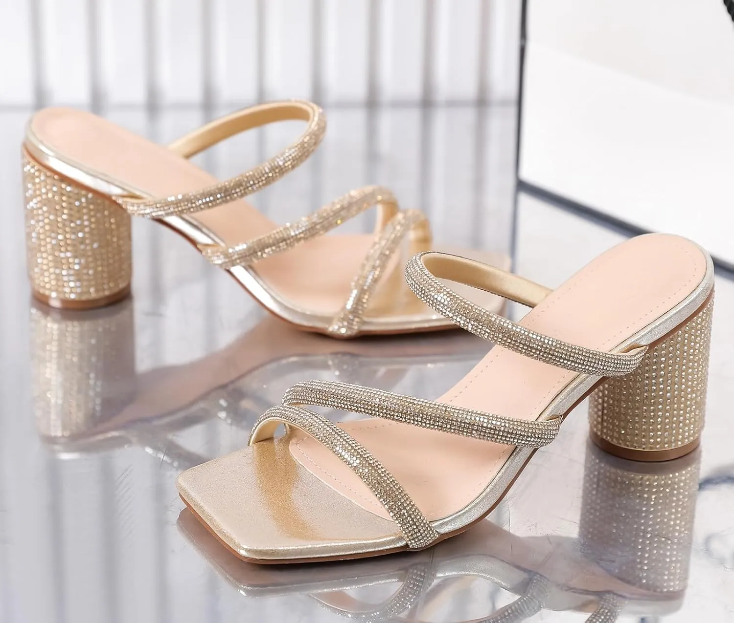 DADAWEN Women's Rhinestone Heeled Sandals Square Toe Strappy Chunky Block Heels for Women Comfortable Wedding Party Dress Pumps Shoes