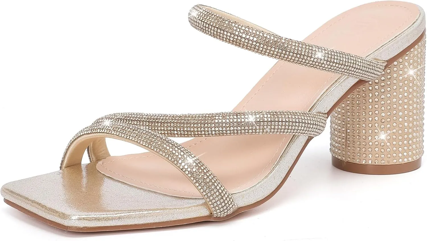 DADAWEN Women's Rhinestone Heeled Sandals Square Toe Strappy Chunky Block Heels for Women Comfortable Wedding Party Dress Pumps Shoes