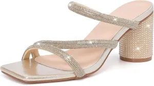 DADAWEN Women's Rhinestone Heeled Sandals Square Toe Strappy Chunky Block Heels for Women Comfortable Wedding Party Dress Pumps Shoes