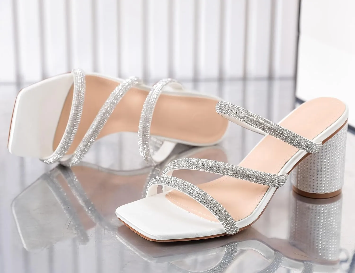 DADAWEN Women's Rhinestone Heeled Sandals Square Toe Strappy Chunky Block Heels for Women Comfortable Wedding Party Dress Pumps Shoes