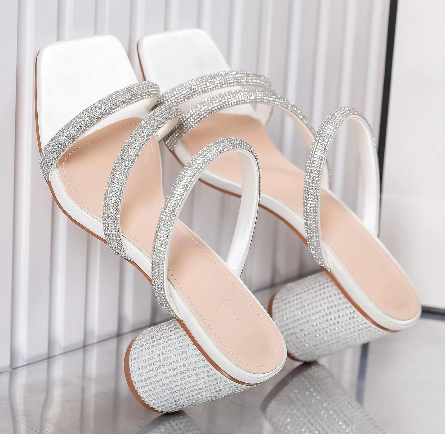 DADAWEN Women's Rhinestone Heeled Sandals Square Toe Strappy Chunky Block Heels for Women Comfortable Wedding Party Dress Pumps Shoes