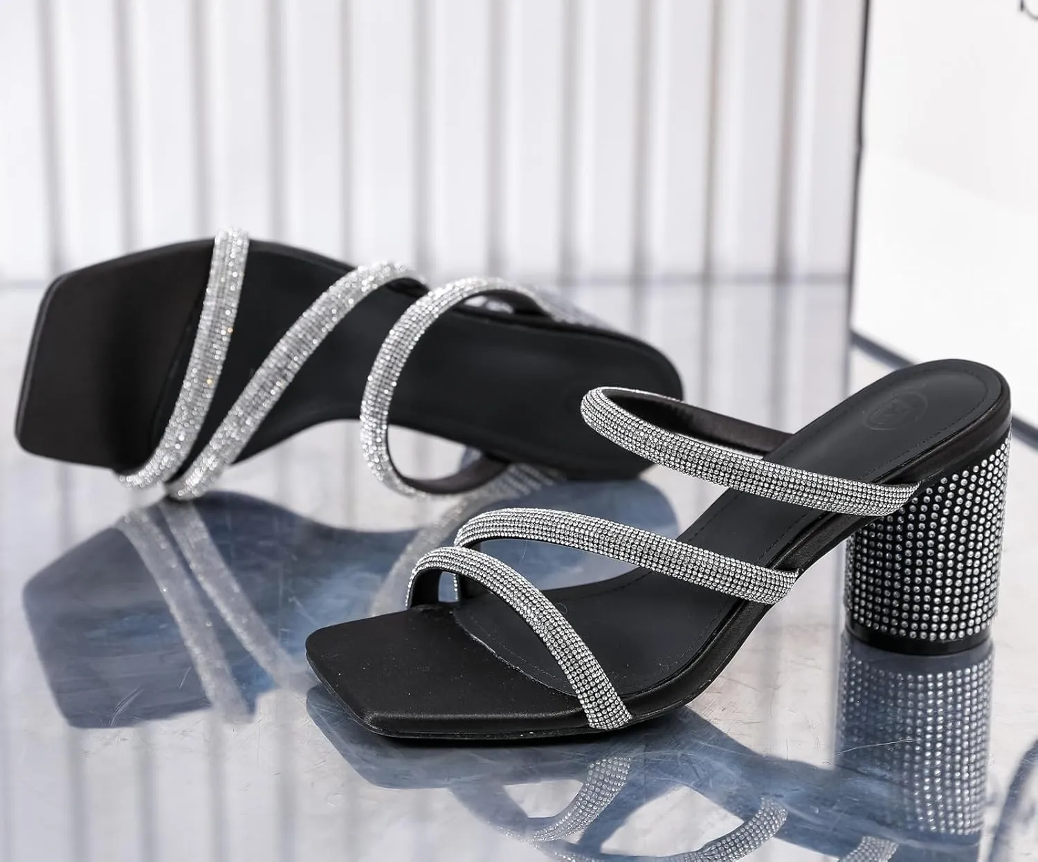 DADAWEN Women's Rhinestone Heeled Sandals Square Toe Strappy Chunky Block Heels for Women Comfortable Wedding Party Dress Pumps Shoes