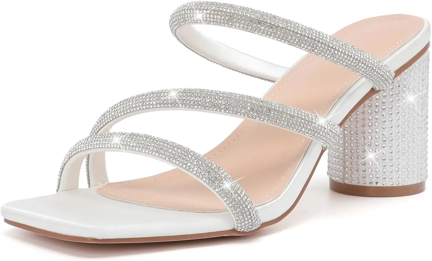 DADAWEN Women's Rhinestone Heeled Sandals Square Toe Strappy Chunky Block Heels for Women Comfortable Wedding Party Dress Pumps Shoes