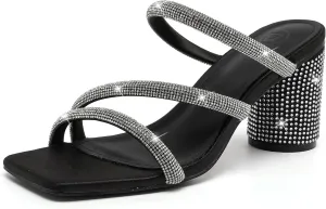 DADAWEN Women's Rhinestone Heeled Sandals Square Toe Strappy Chunky Block Heels for Women Comfortable Wedding Party Dress Pumps Shoes