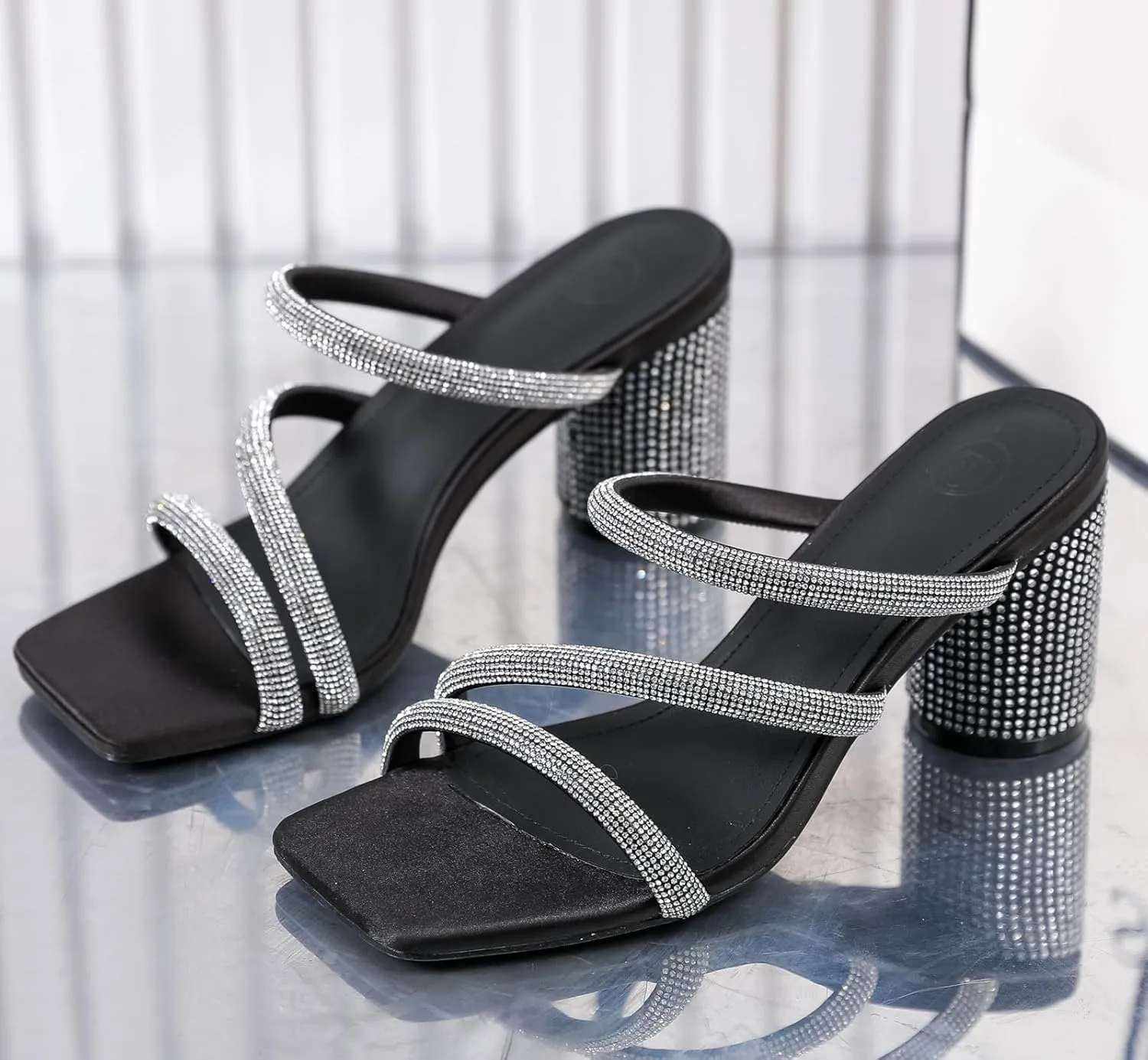 DADAWEN Women's Rhinestone Heeled Sandals Square Toe Strappy Chunky Block Heels for Women Comfortable Wedding Party Dress Pumps Shoes