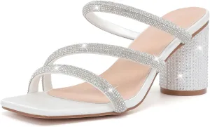 DADAWEN Women's Rhinestone Heeled Sandals Square Toe Strappy Chunky Block Heels for Women Comfortable Wedding Party Dress Pumps Shoes