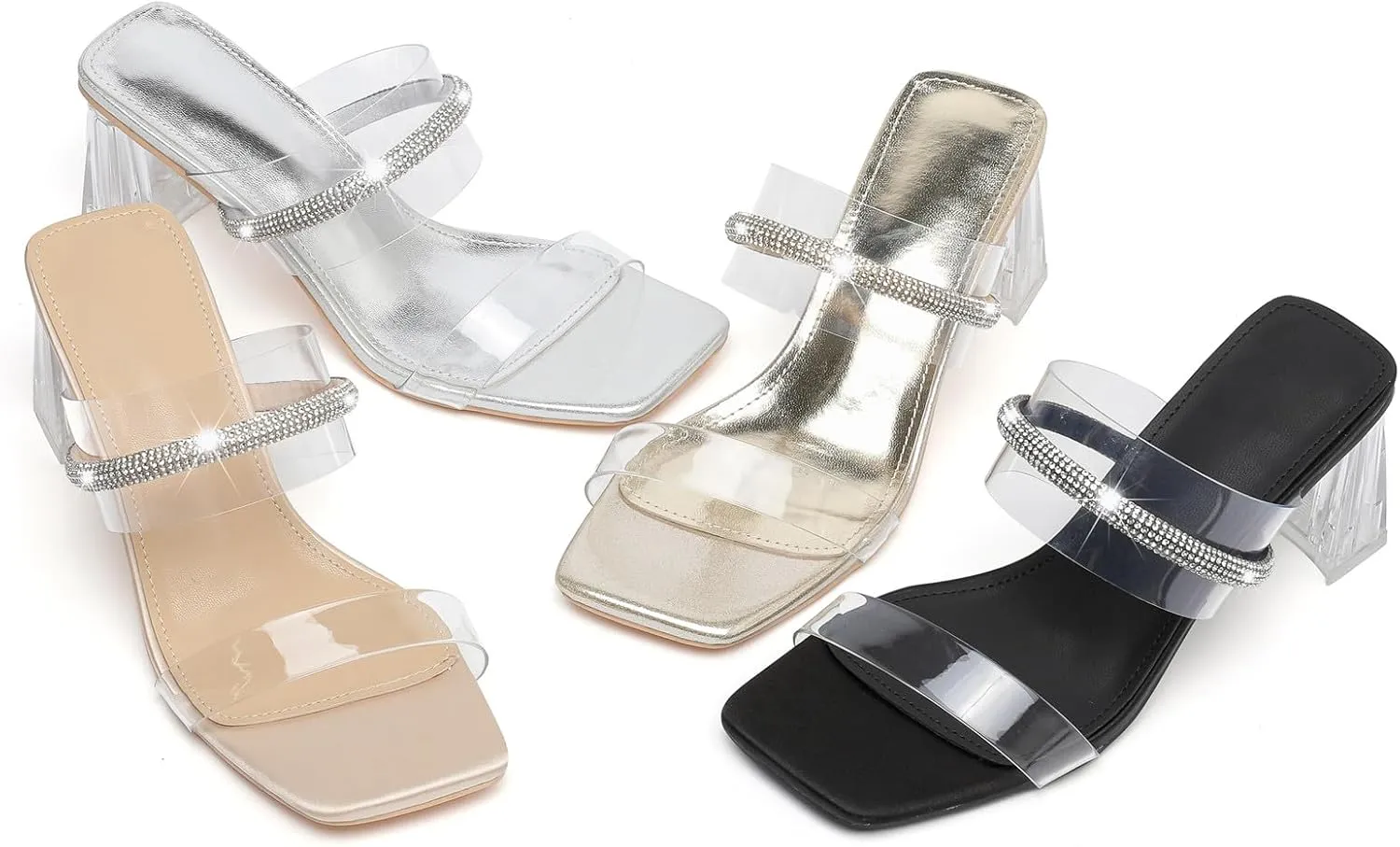 DADAWEN Women's Square Toe Clear Two Strap Open Toe Low Block Chunky Slip on Heels Sandals for Women Dressy