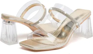 DADAWEN Women's Square Toe Clear Two Strap Open Toe Low Block Chunky Slip on Heels Sandals for Women Dressy