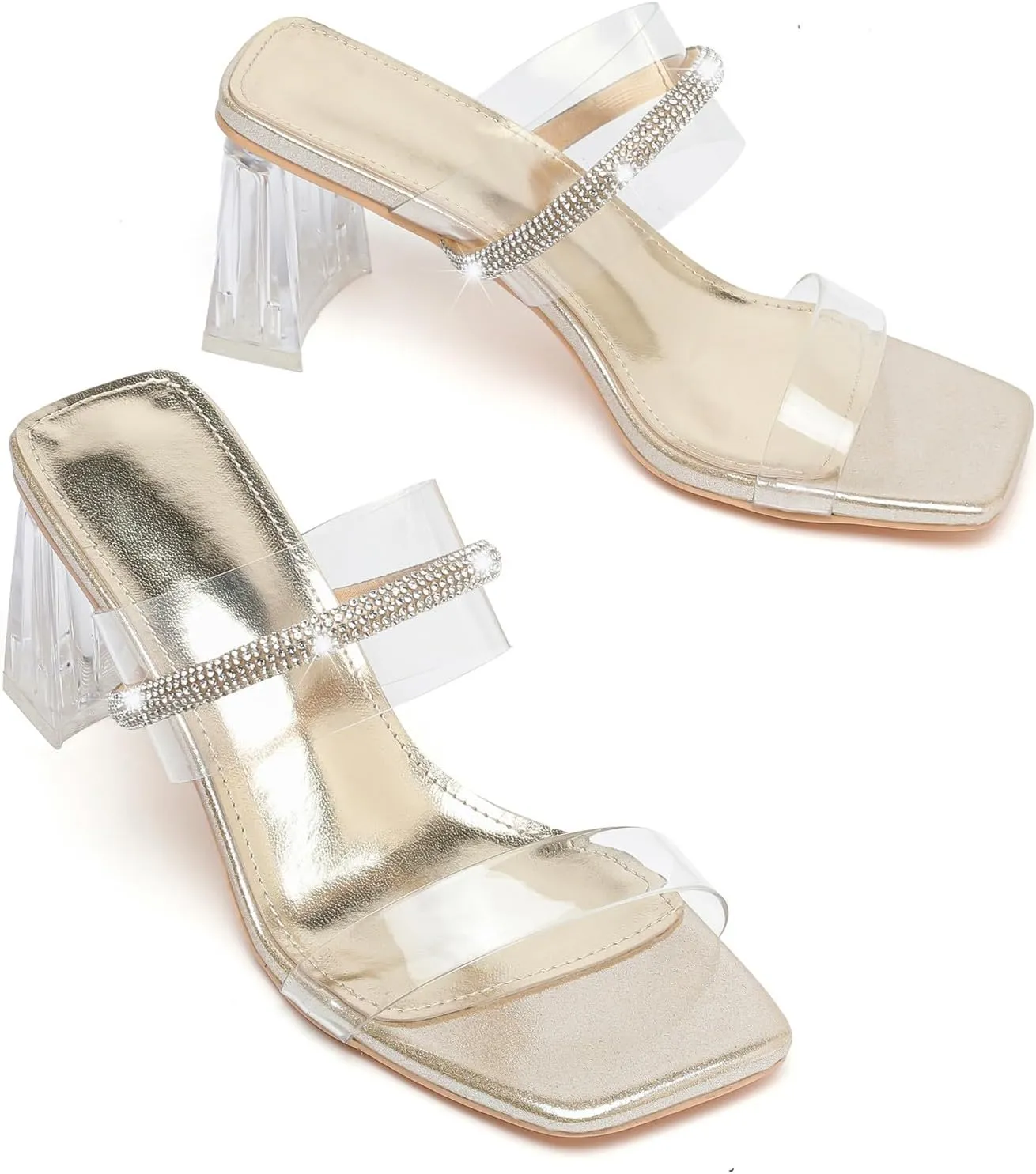 DADAWEN Women's Square Toe Clear Two Strap Open Toe Low Block Chunky Slip on Heels Sandals for Women Dressy