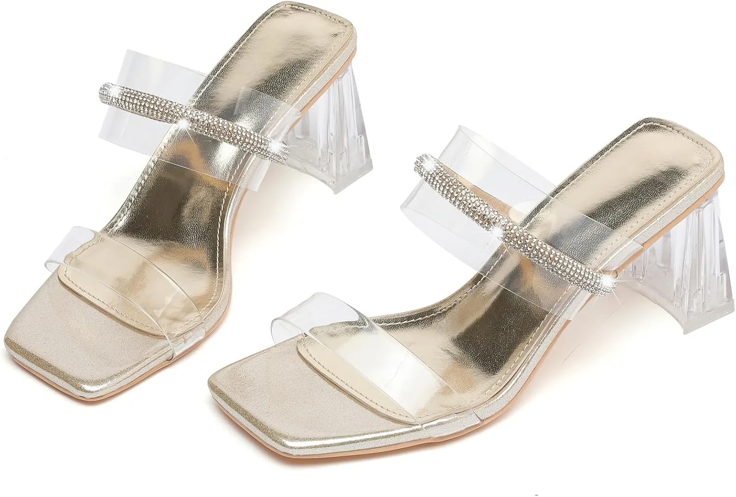 DADAWEN Women's Square Toe Clear Two Strap Open Toe Low Block Chunky Slip on Heels Sandals for Women Dressy