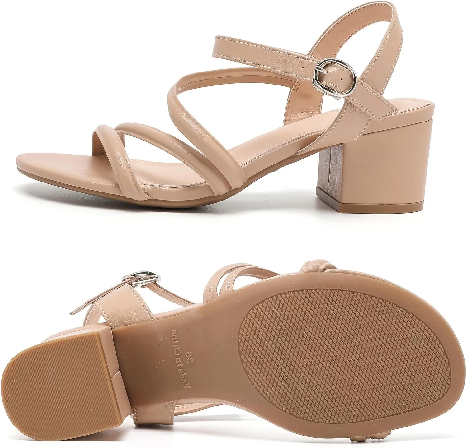 DADAWEN Women's Strappy Open Toe Rhinestone Low Block Chunky Heels Sandals Ankle Buckle Heeled Sandals Wedding Party Dress Pumps Shoes