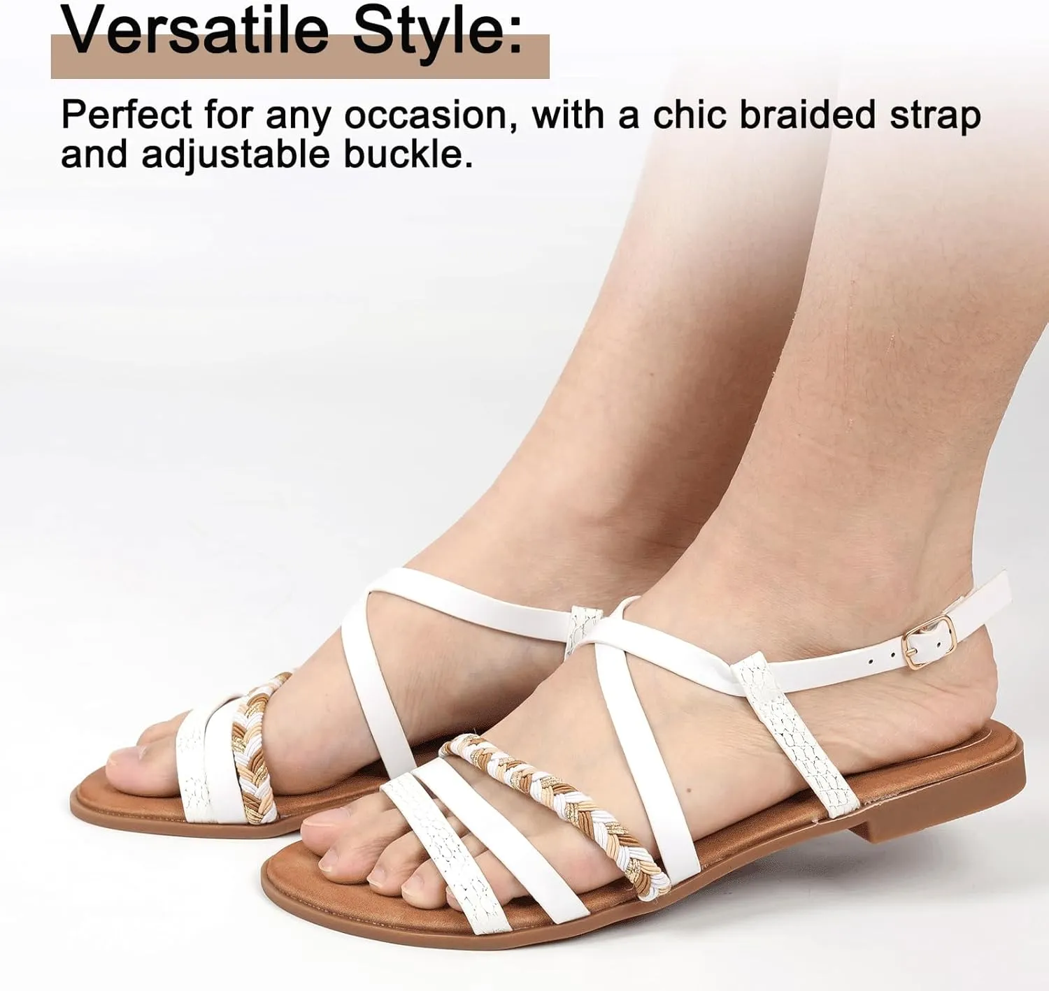 DAYDAYGO Women's Elegant Flat Sandals with Adjustable Ankle Strap and Memory Foam - Dressy and Comfortable for Summer - Fashionable and Trendy for Girls and Women - Strappy Sandal