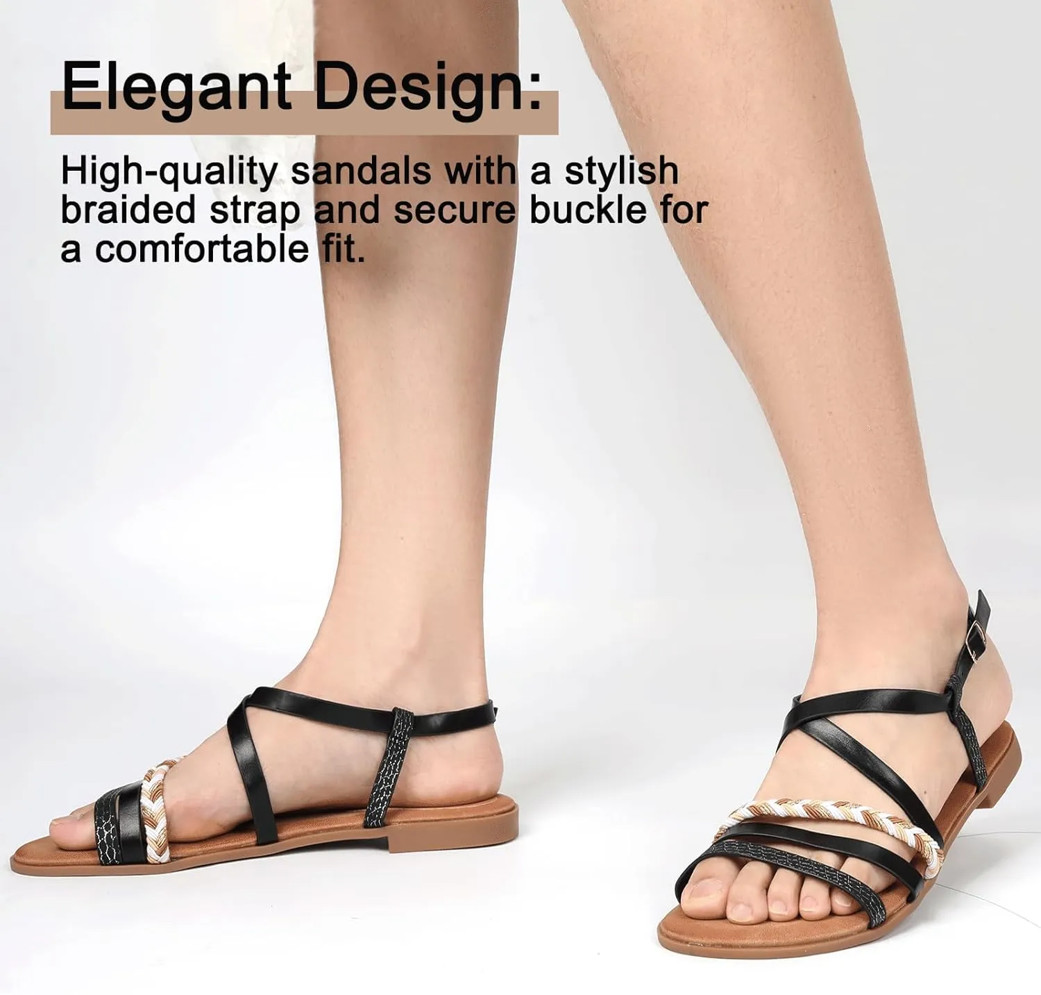 DAYDAYGO Women's Elegant Flat Sandals with Adjustable Ankle Strap and Memory Foam - Dressy and Comfortable for Summer - Fashionable and Trendy for Girls and Women - Strappy Sandal