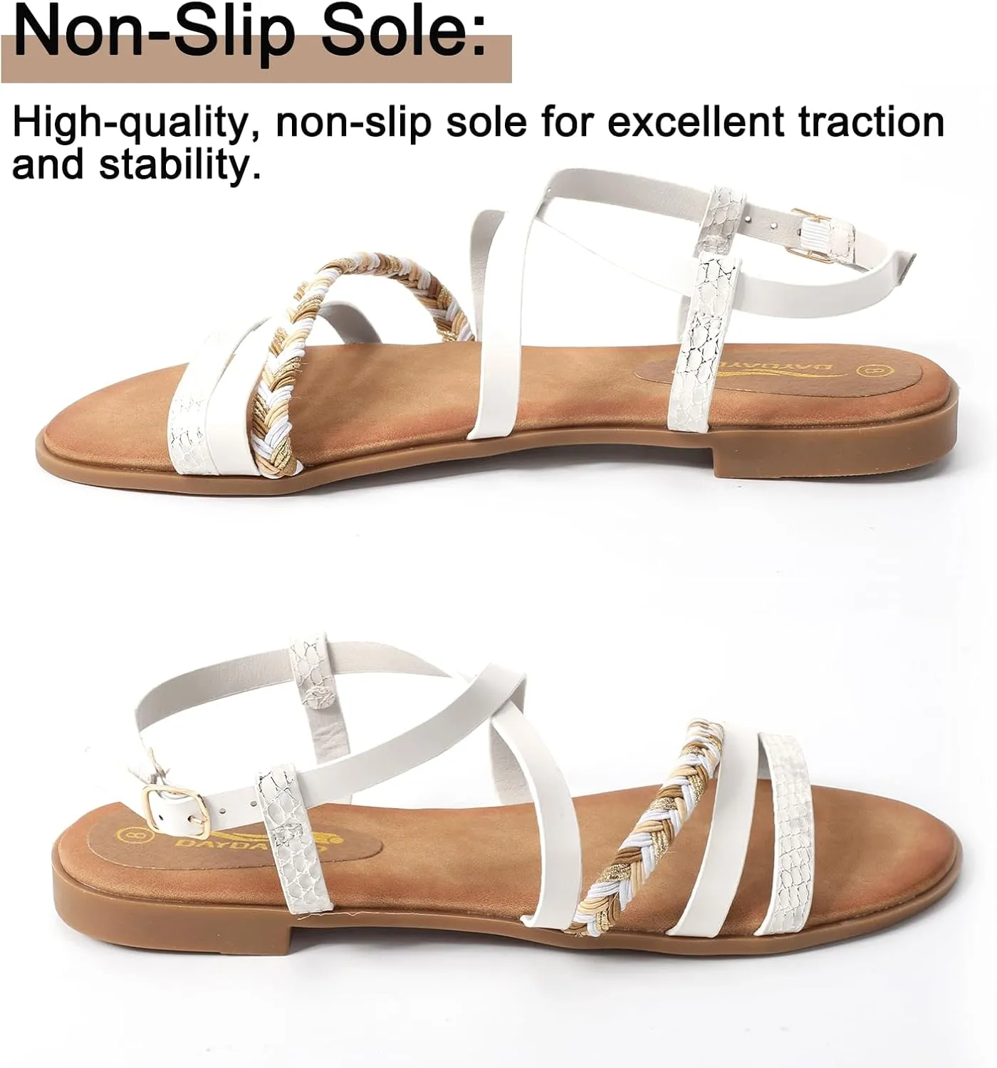 DAYDAYGO Women's Elegant Flat Sandals with Adjustable Ankle Strap and Memory Foam - Dressy and Comfortable for Summer - Fashionable and Trendy for Girls and Women - Strappy Sandal