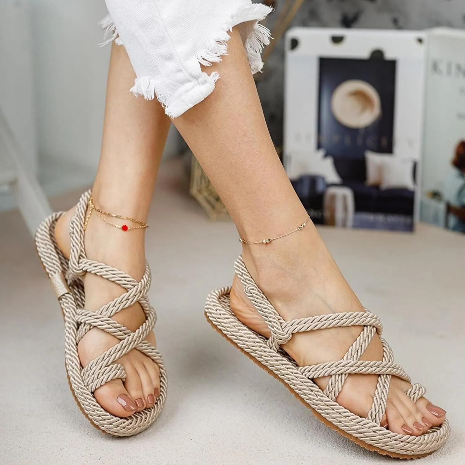 Derimi'O Strappy Sandals - Elegant Braided Sandals for Women - Stylish Strap Sandals for Women - Comfortable and Durable Rope Sandals for Women - Perfect for Casual and Dressy Occasions