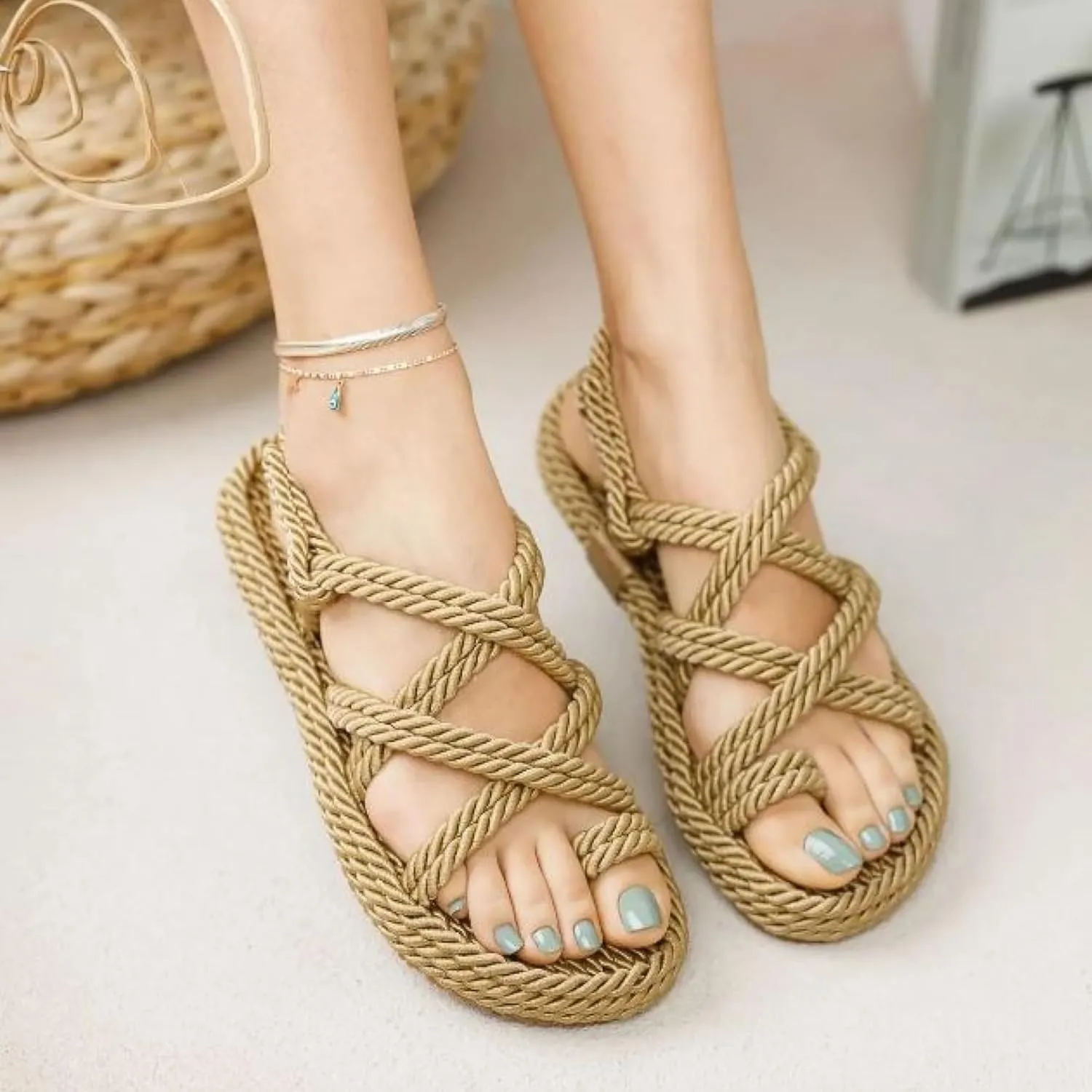 Derimi'O Strappy Sandals - Elegant Braided Sandals for Women - Stylish Strap Sandals for Women - Comfortable and Durable Rope Sandals for Women - Perfect for Casual and Dressy Occasions